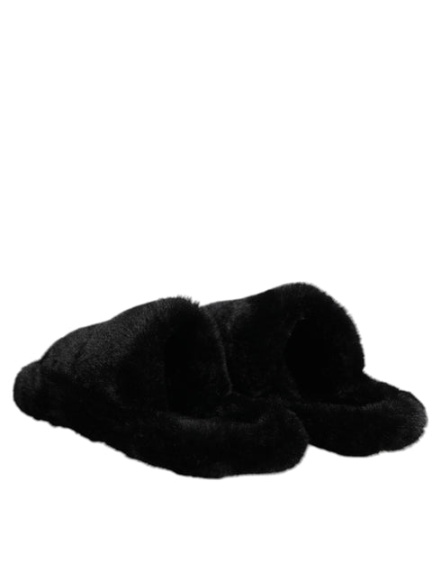 Dolce & Gabbana Black Faux Fur Flats Men Sandals Shoes